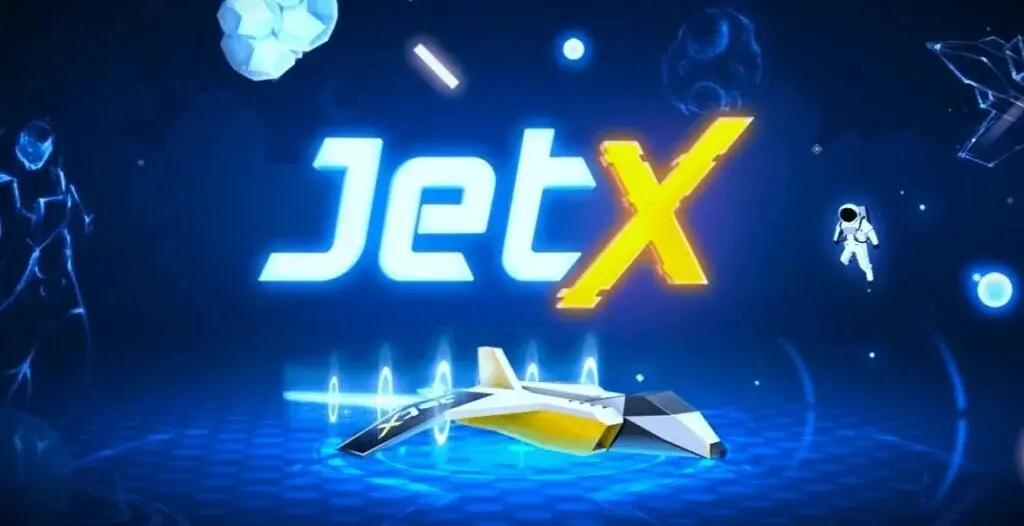 Mavi arka plan üzerinde uçak sembollü JetX oyunu görseli
